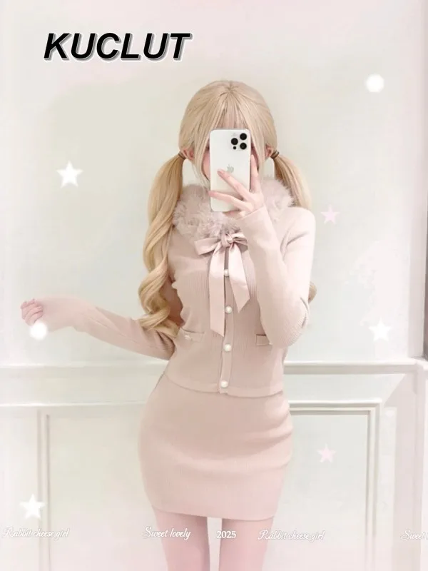 

Осенне-зимний элегантный стильный вязаный комплект, милый розовый кардиган, пальто с меховым воротником, короткая юбка, комплекты из двух предметов для женщин