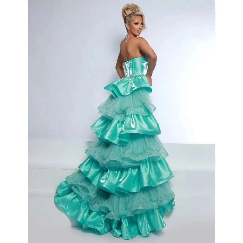 Designer Satin Meerjungfrau Ballkleid Luxus Perlen Kristall Abendkleid Sexy Trägerloses Layered Partykleid Bodenlang Maßgeschneidert