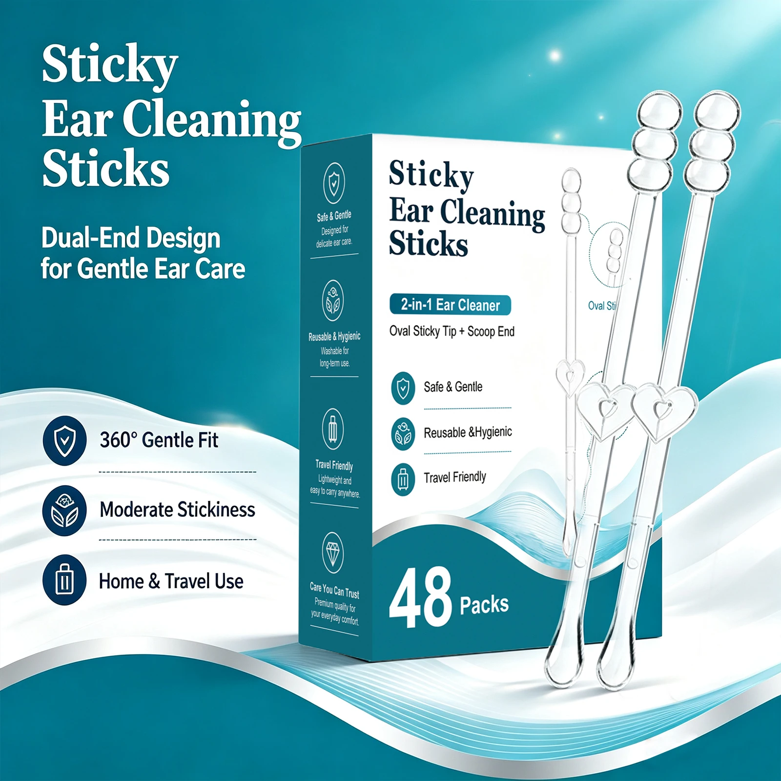 Sticky Ear Cleaning Sticks 48PCS Ear Wax Removal 2 in 1 Ear Cleaner Sticky Tip & Scoop End Ear Cleaning Tools For Home Travel