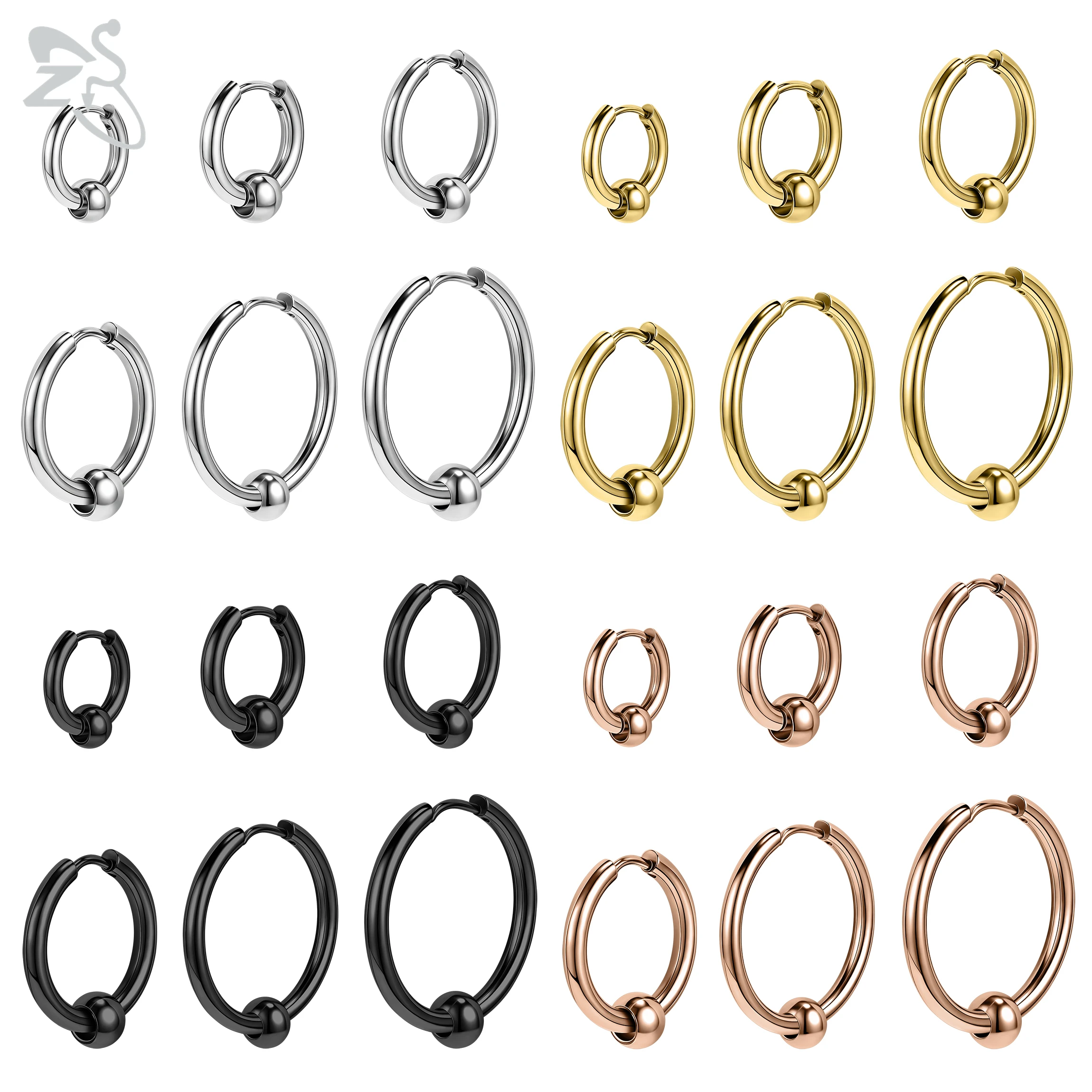 ZS 1 Piece/1 Pair 12-20MM Stainless Steel Hoop Earrings Huggie Earring 4 Colors Round Helix Conch Cartilage Piercings Jewelry