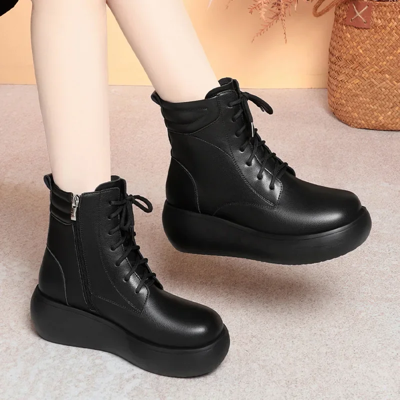 

6cm British Style Comfortable Flat Platform Shoes Women Motorcycle Boots Fall Winter 2024 Med Thick Heels Ankle Boots Office Mom