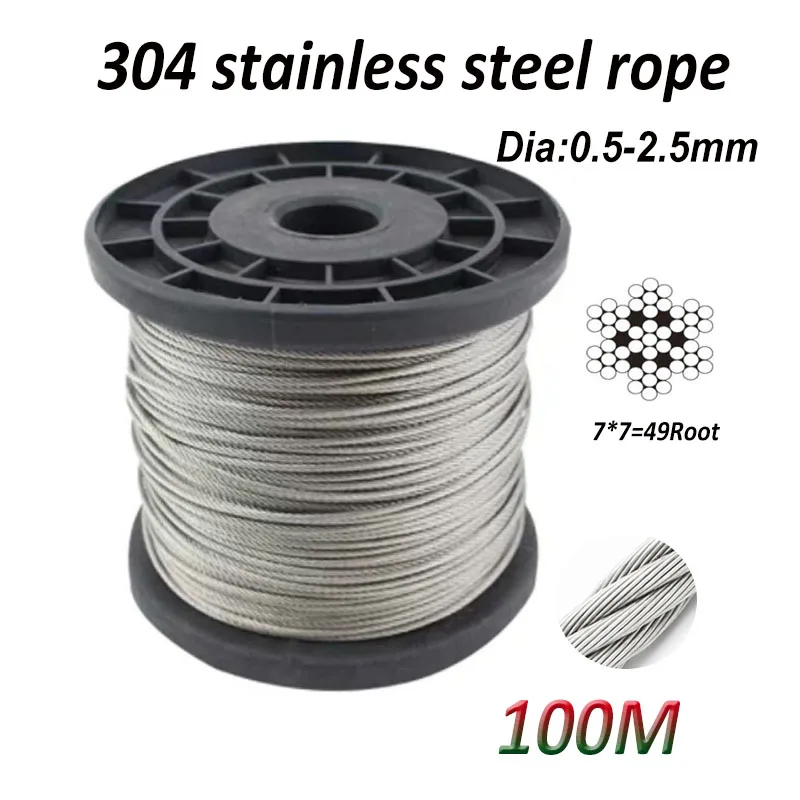 50/100M Dia0.5mm-3mm  7X7 Structur 304 stainless steel wire rope alambre cable softer fishing lifting cable