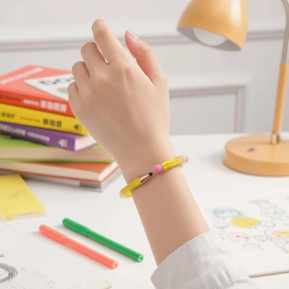 Vibrant Color Enamel Pencil Shaped Bracelet C-Shaped Open Cuff Cute Eraser Detail Enamel Cuff Bangle Polished Glossy Finish