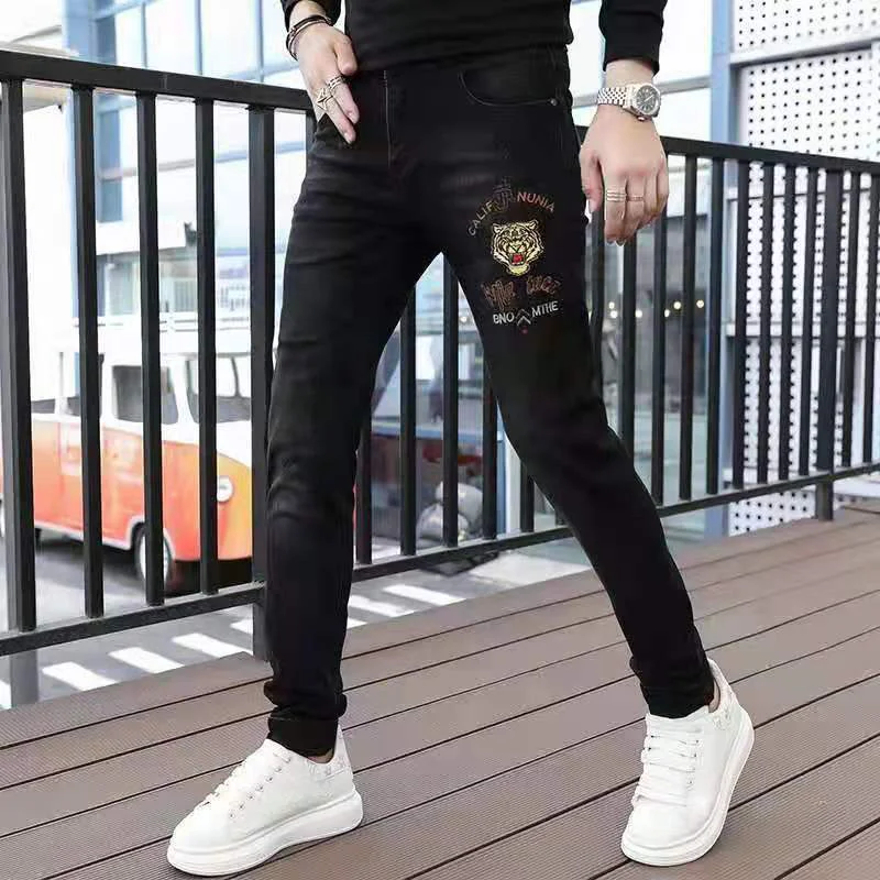 

EH·MD® Monkey Embroidered Jeans Men's Cartoon Skull Decorated Zipper Hem Pure Cotton High Stretch Skinny Stitching Pencil Pants