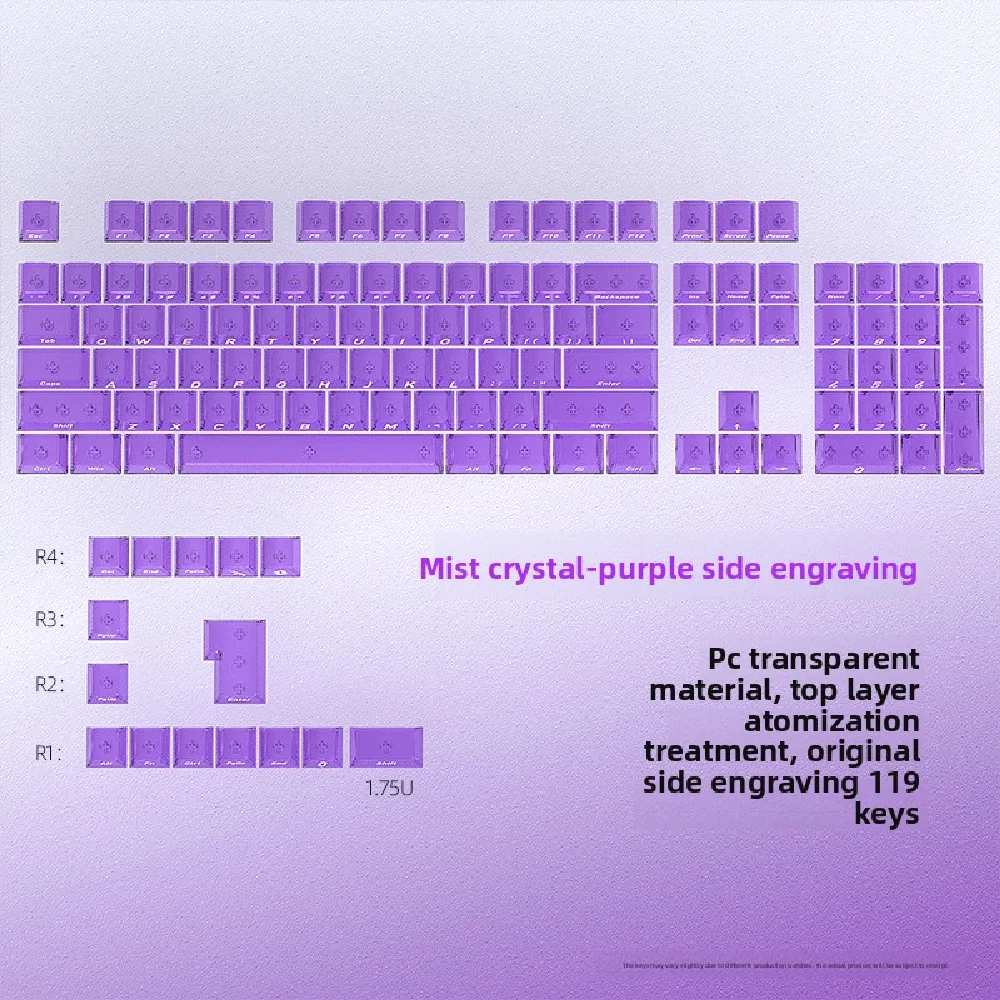 

KUXM Туманные прозрачные фиолетовые оригинальные колпачки для клавиш с боковой гравировкой, маленький полный набор, 119 клавиш, ПК, полупрозрачные, сделай сам, без костного положения