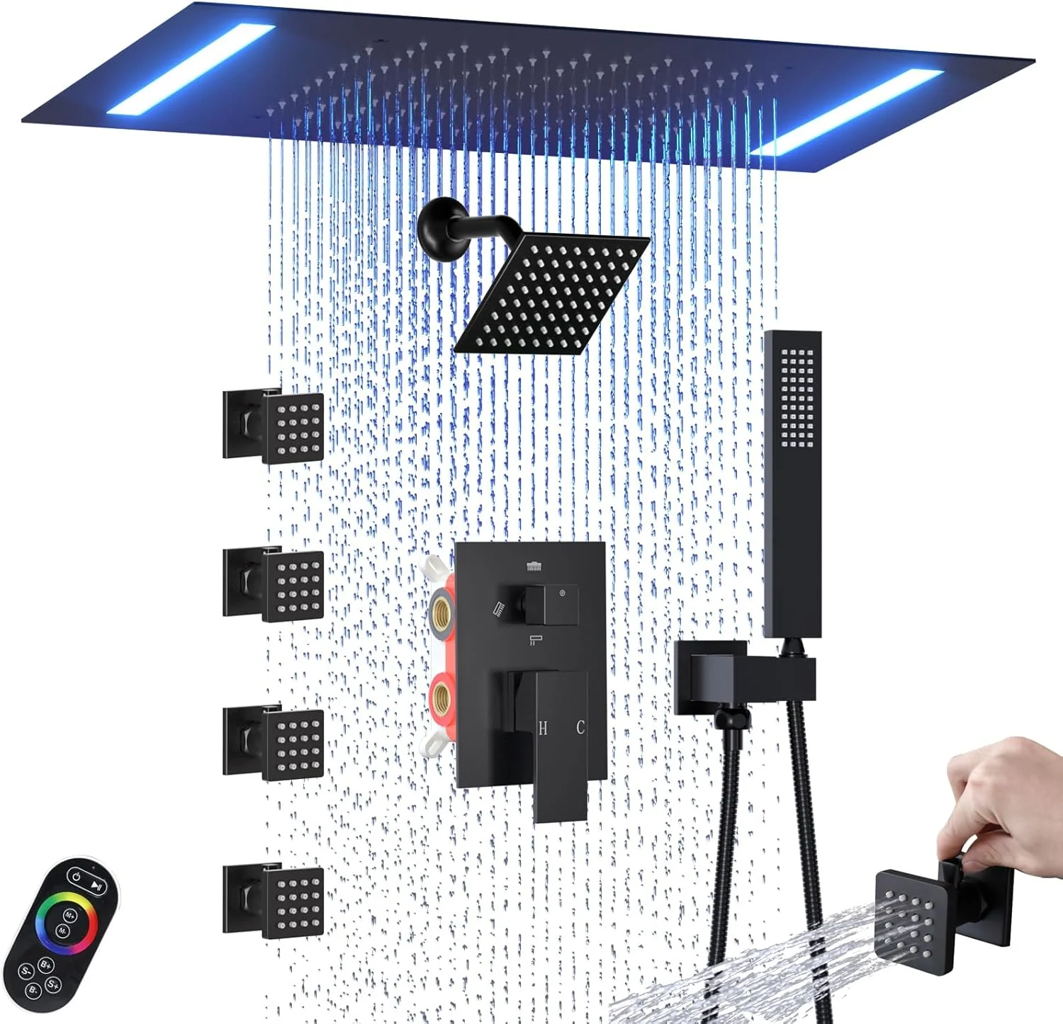 

Элитная светодиодная душевая система 14x20 дюймов с 6-дюймовым вертикальным/горизонтальным изливом-водопадом для ванны, потолочное крепление, матовый черный комплект смесителей