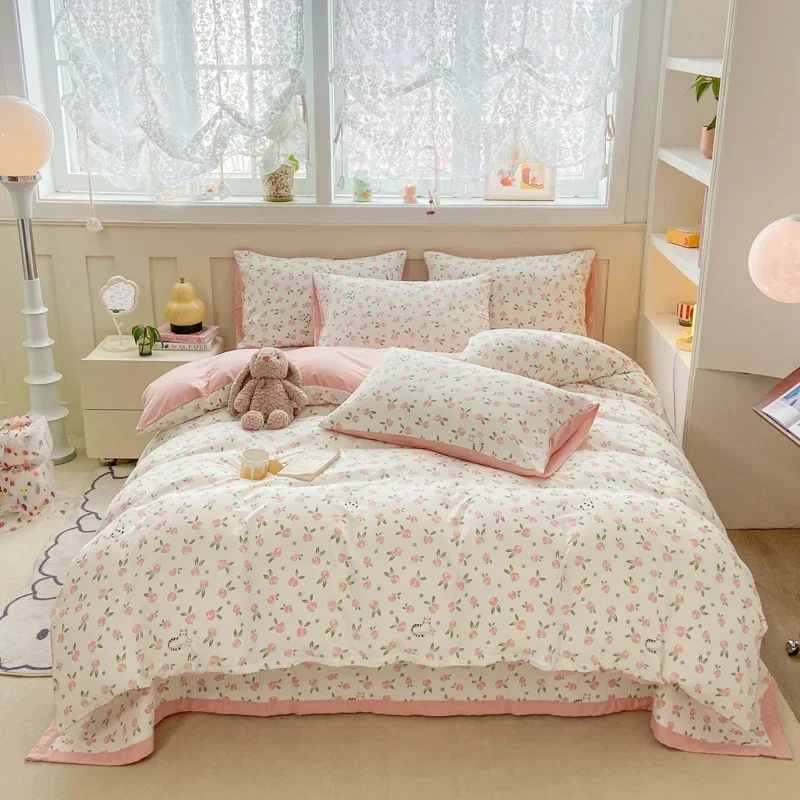 Plant Floral Duvet Cover 3 Piece Set, Cute Cartoon Cat Pattern Bedding Set, Women Kids Girls Bedroom Decorative Pink Quilt Cover