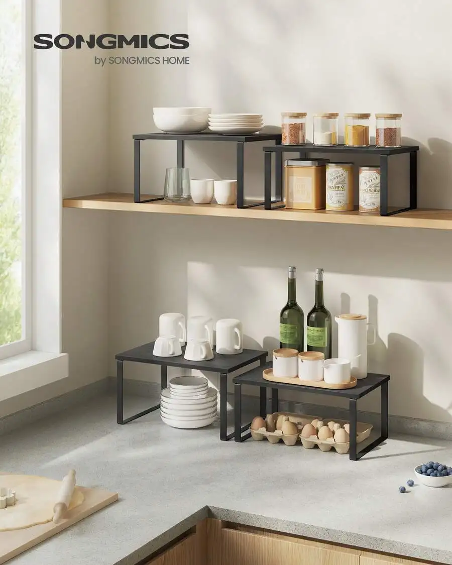 2 Pack Cabinet Organizer Shelf, Kitchen Counter Shelves, Kitchen Storage, Spice Rack, Stackable, Expandable, Metal And Engineere