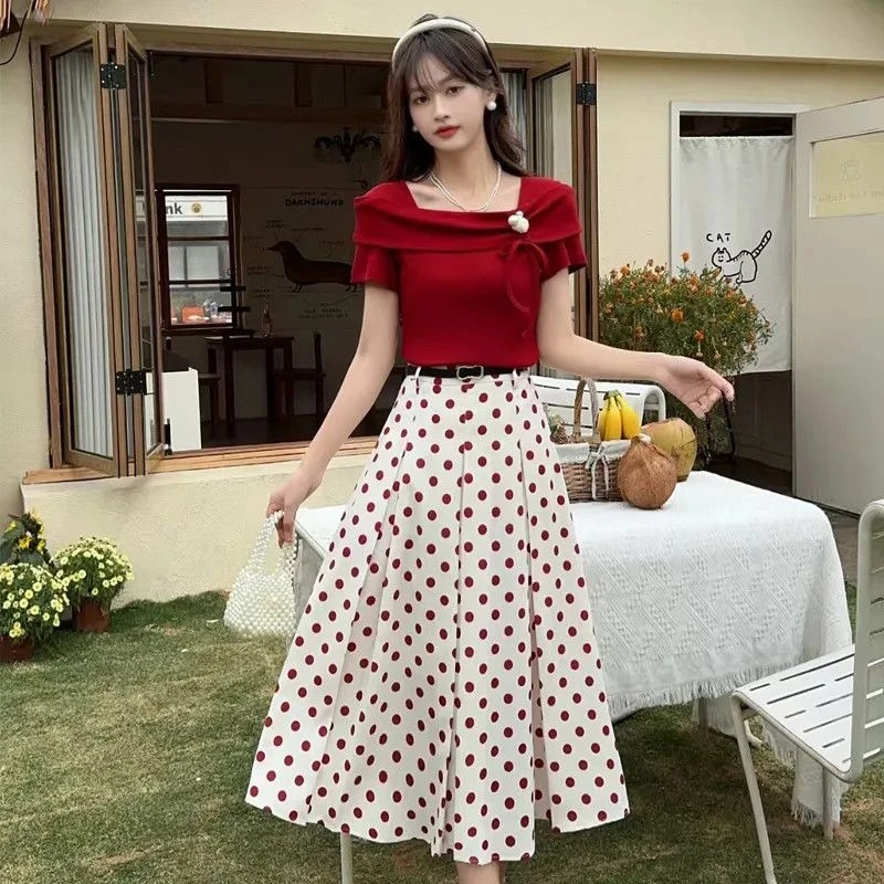 

Vintage Hong Kong Style Elegant Temperament Women Summer New Arrival Polka Dot Half Skirt Square Collar Top Two Piece Dress Set