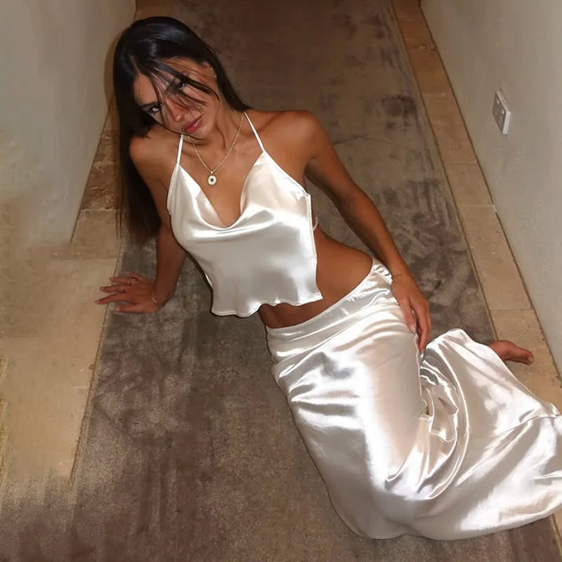 

New Sexy Neck Halter Top Low Waist Skirt High Satin Spice Girl Style Two-piece Set