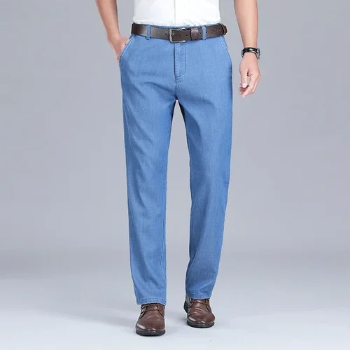 Imagen 2 del producto 2024 nuevos pantalones vaqueros sueltos de tela fina de Lyocell para hombres pantalones vaqueros elásticos de moda de negocios azul claro ropa masculina pantalones de marca