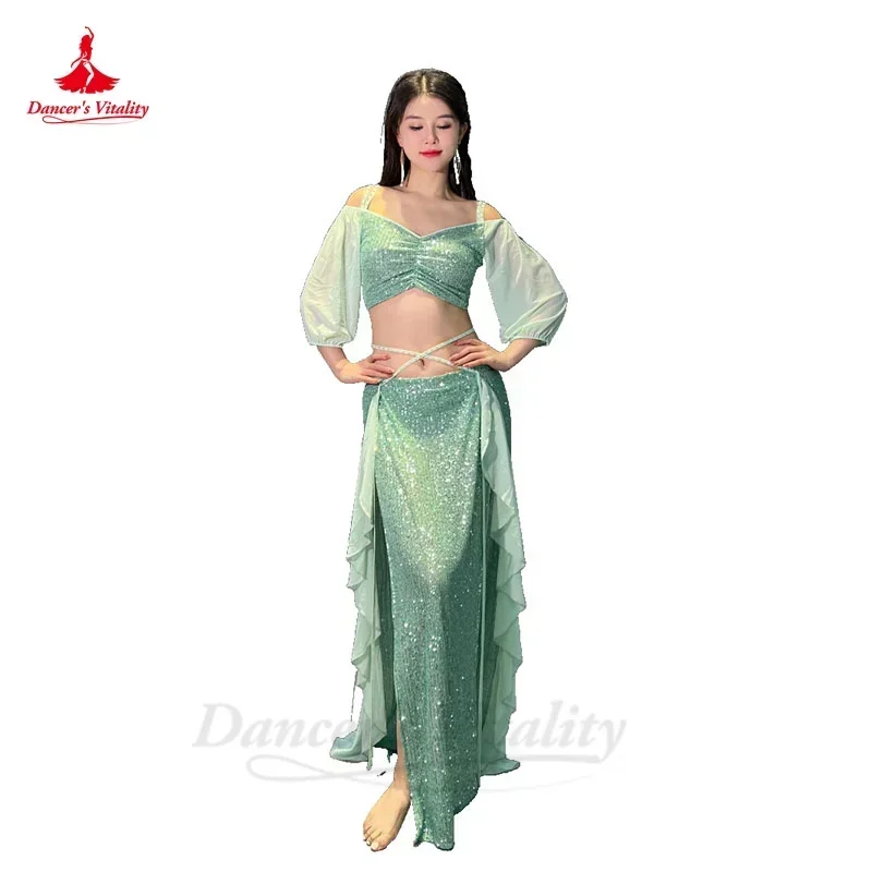 Costume da danza del ventre per donna Top a maniche corte + gonna lunga divisa 2 pezzi Set professionale orientale vestito da danza del ventre