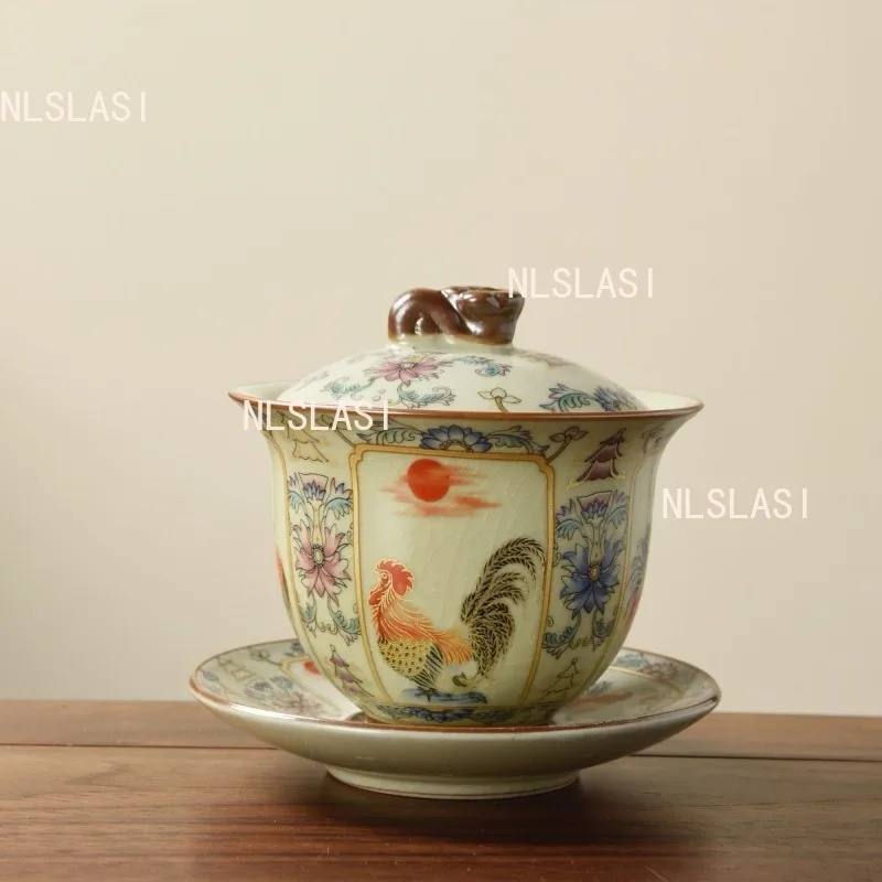 180ml Ru Kiln Rooster Three Talents Rotating Bowl Household Tea Cup Opening and Hovering Kung Fu Bowl Lid Chinese Tea Set