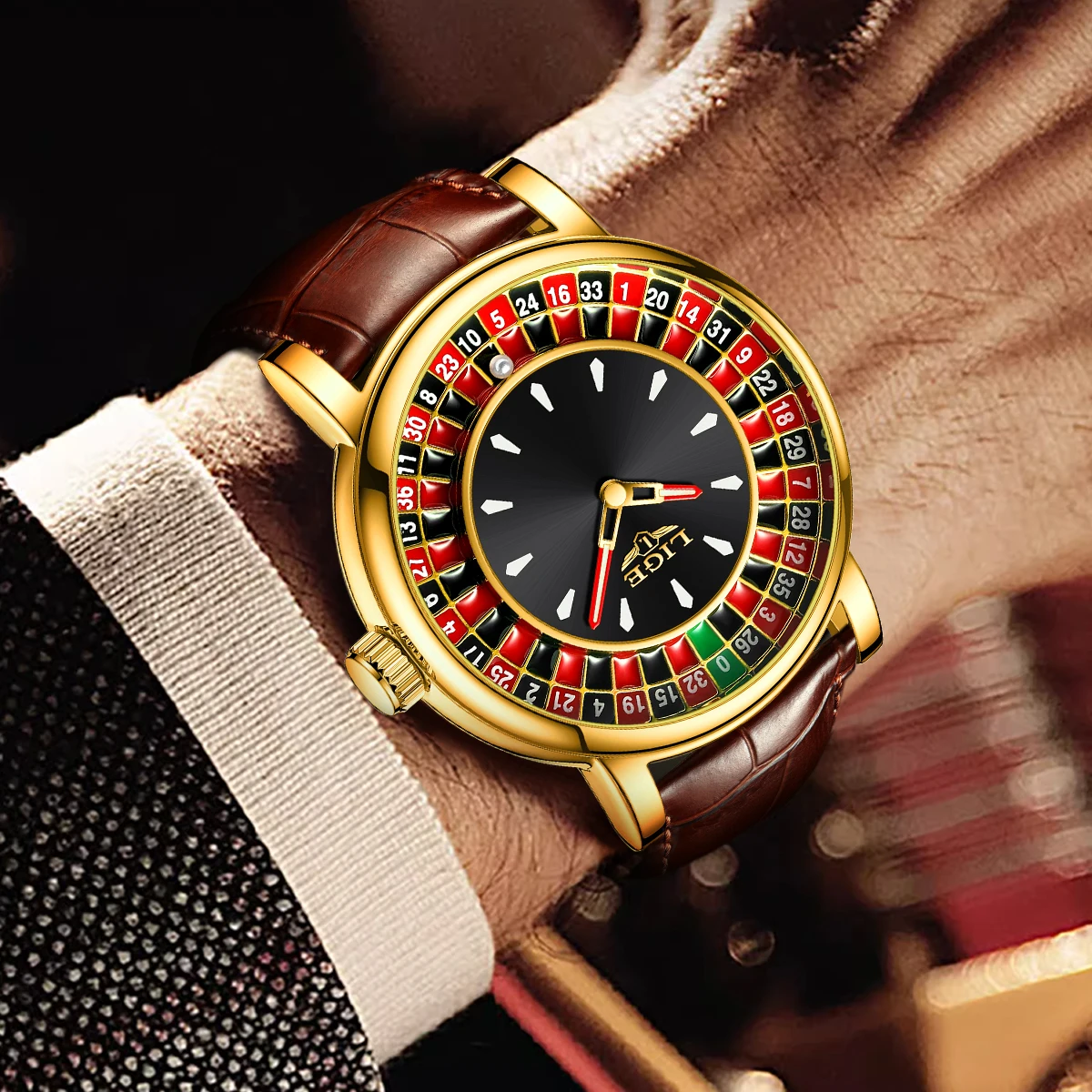 LIGE Fashion Leather Men Lucky Watch Rotating Dial Las Vegas Roulette Desktop Lucky Watch Men Waterproof Luminous Clock Watches