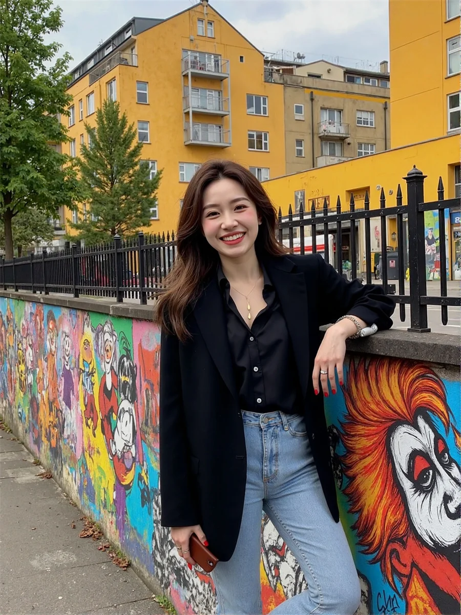 

Women'S Overcoat Female Blazers Black White Thiened Pant Petite Placket Modern Garment Removable Woman'S Tying Look Fahison Fat