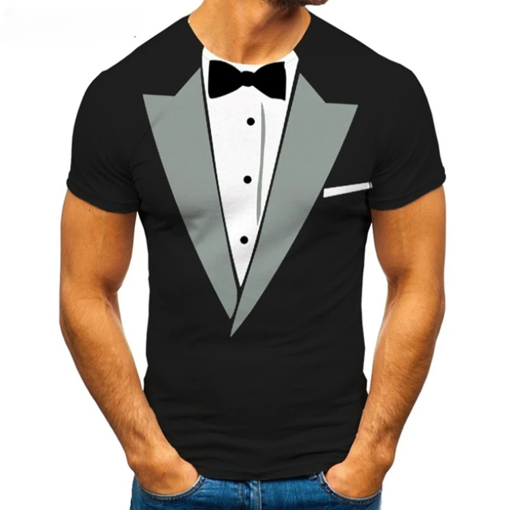 2023 Summer Men\'s TuxedoRetro Tie Suit Bow Tie 3d Print T-shirt Casual Short-sleeved Street Funny Fake Suit Top