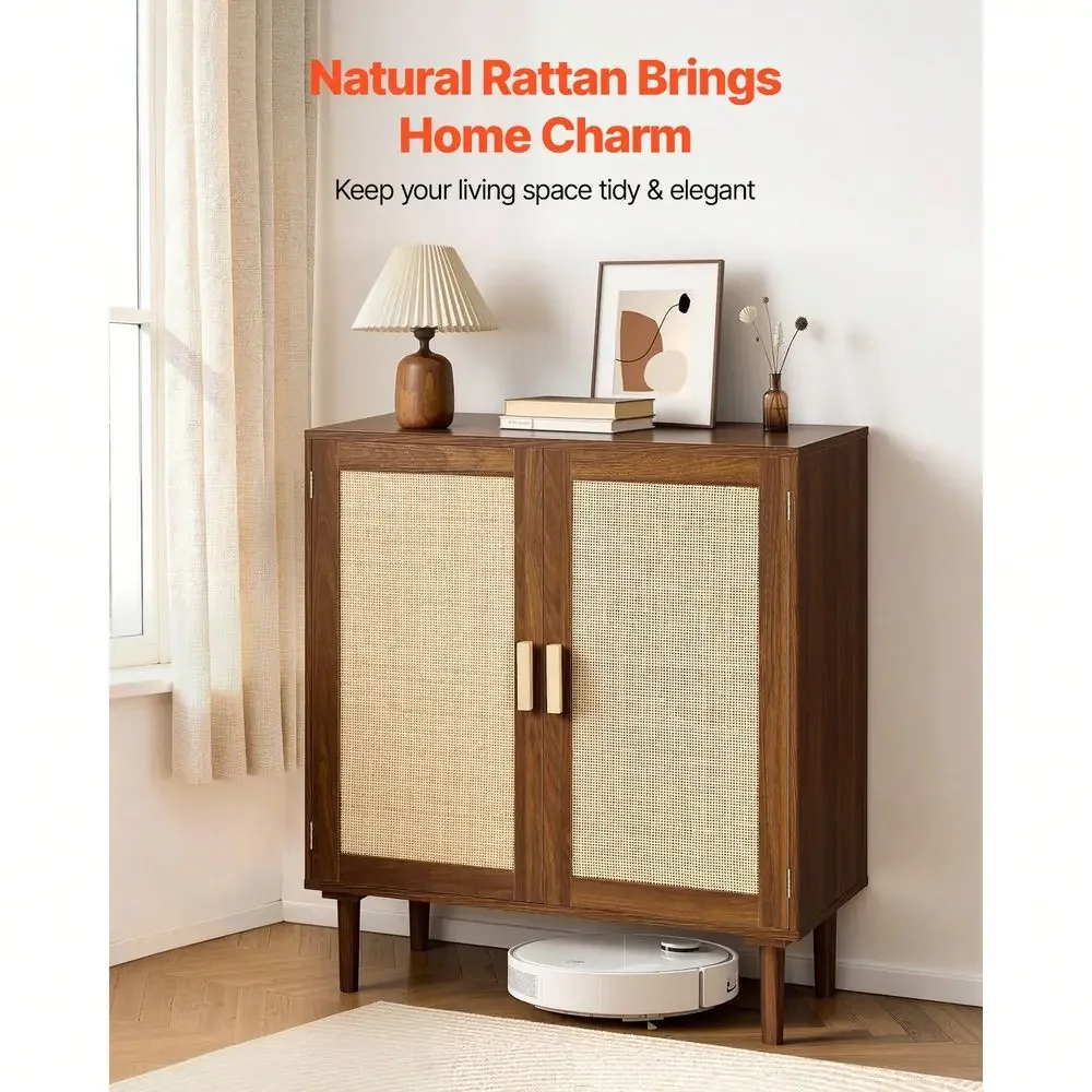 Cabinet, Rattan Storage Cabinet With 2 Magnetic Doors And Adjustable Shelves, Accent Sideboard Buffet With Wooden Legs Power Co