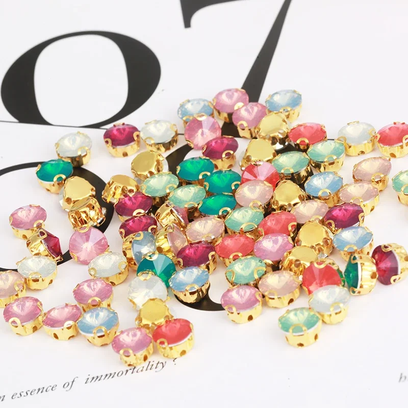 8mm Round Opal Rhinestones Resin Sew On Rhinestones With Holes Gold Claw Settings Flatback Sewing Stone For Garment Accessories