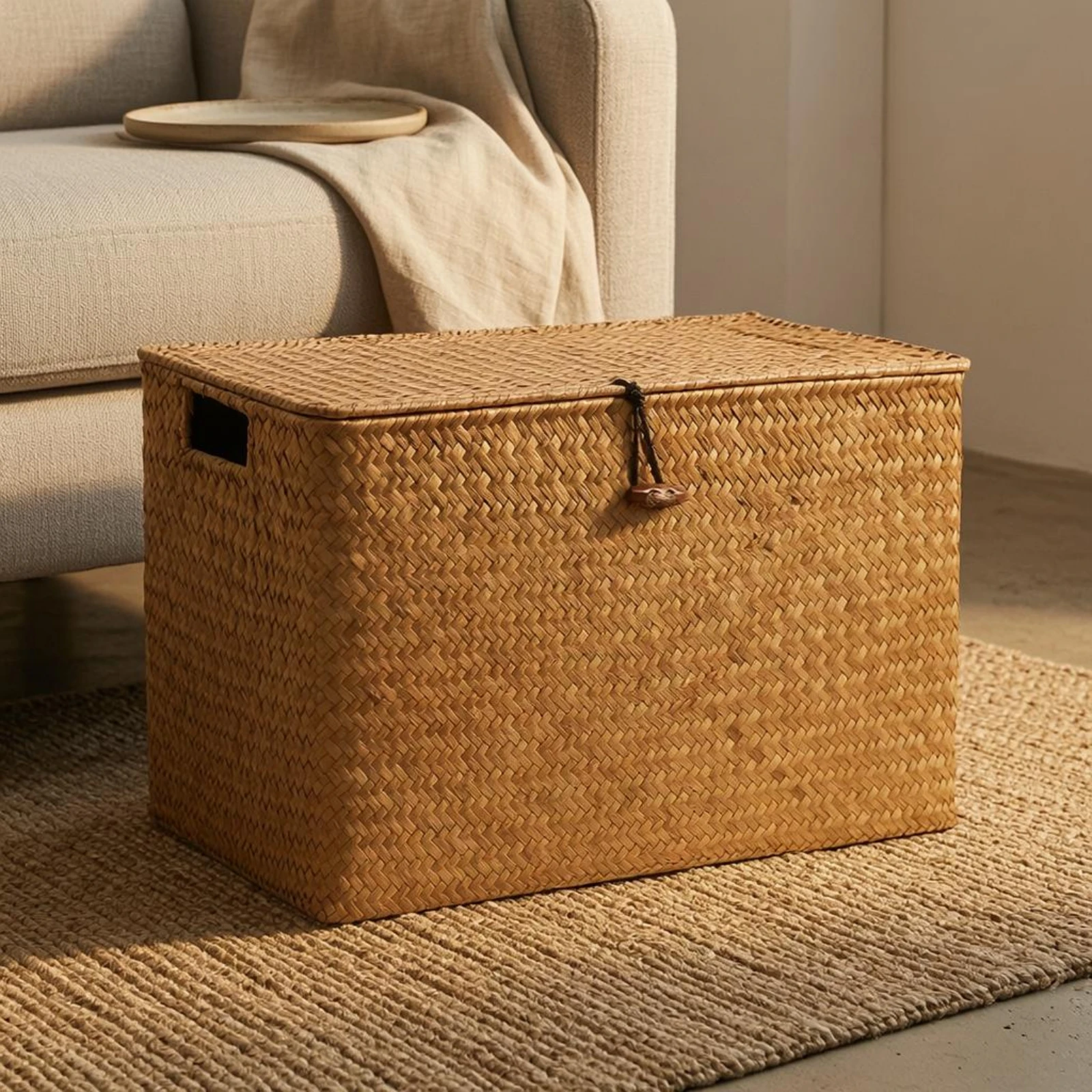 Handwoven Storage Box Hinged Lid Straw Storage Box Wicker Lidded Basket Multi-Purpose Home Container Decorative