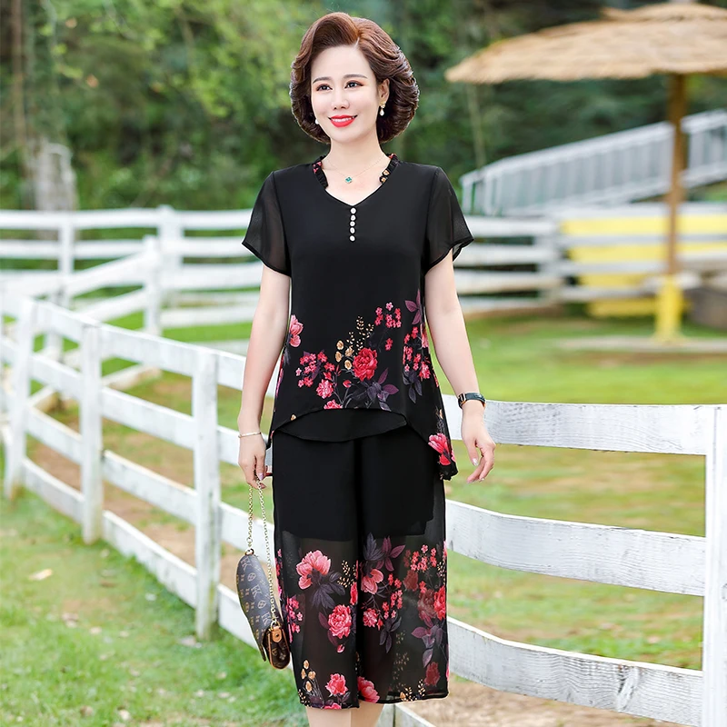 Elegant floral Middle-aged Womens Summer Suits Short Sleeve Chiffon T-shirt Top &Wide-leg Pants 2 Pcs Sets 5XL