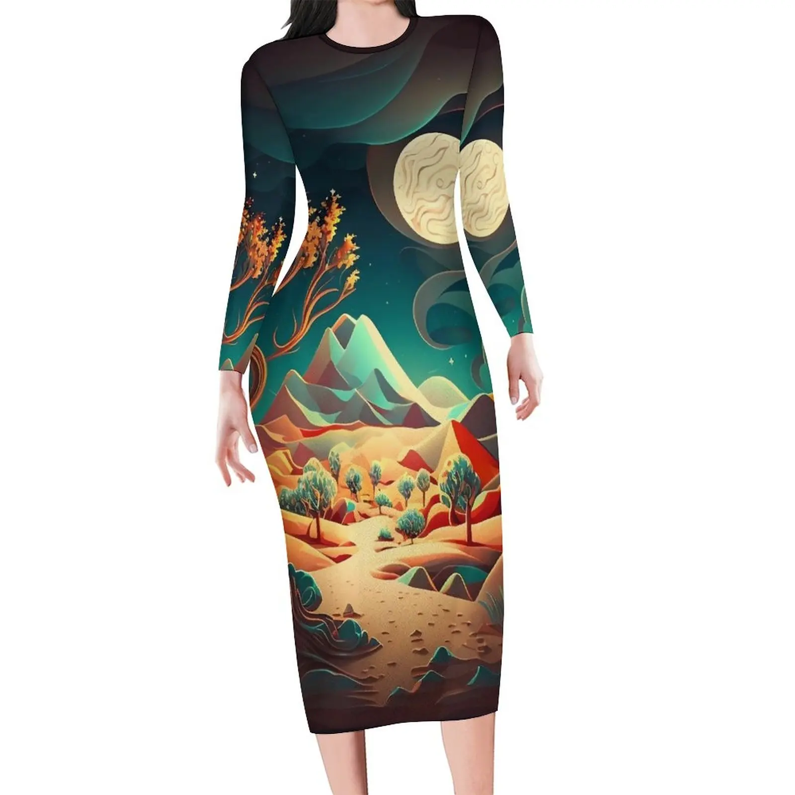 Desert Print Bodycon Dress Spring Abstract Nature Sexy Dresses Female Long Sleeve Custom Street Style Dress Large Size 5XL 6XL