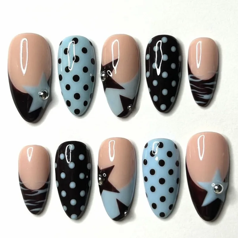 

Накладные ногти Y2K Sweet Cool Star Polka Dot, короткие, в форме миндаля, сине-черные, многоразовые, в стиле Spice Girl