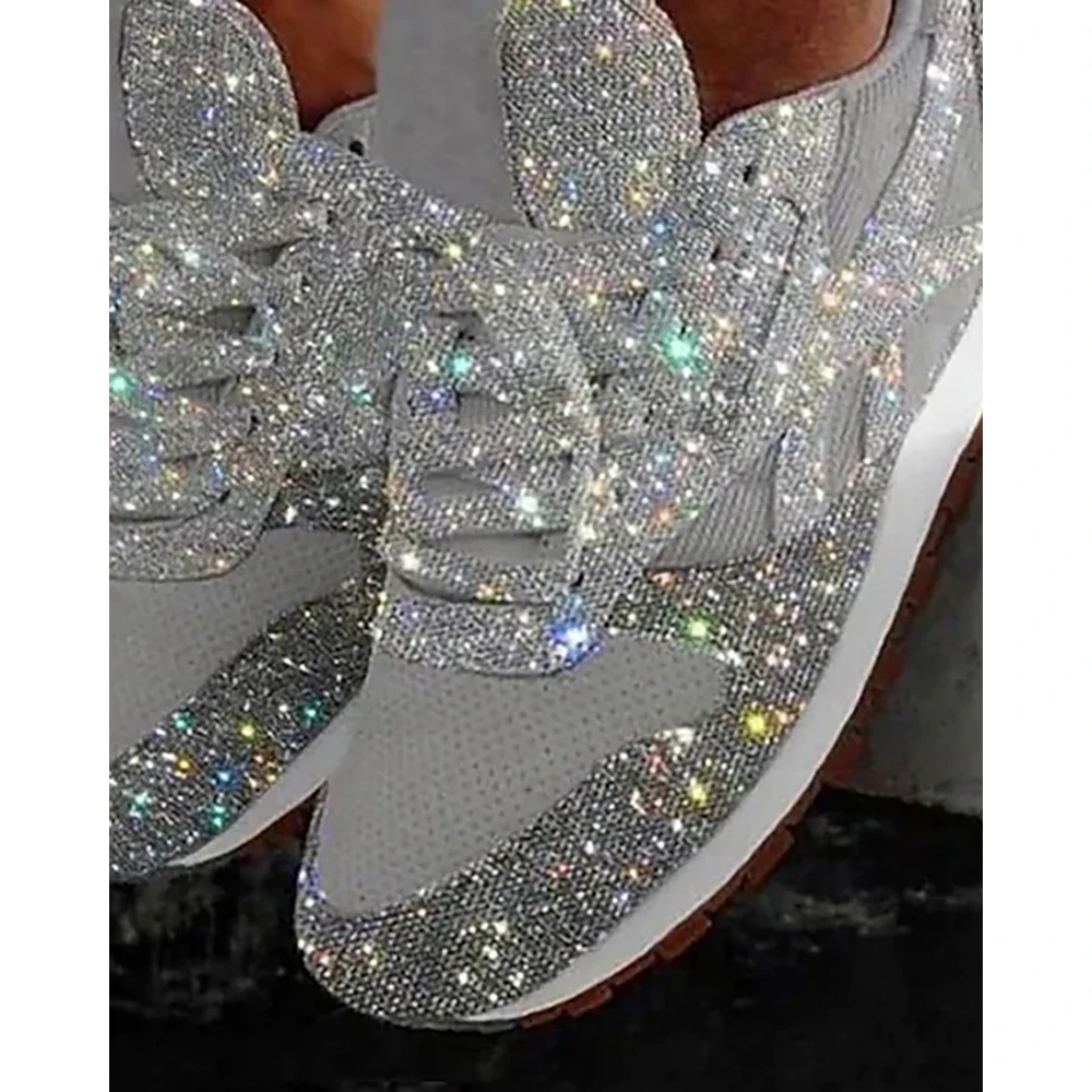 Women Bling Contrast Sequin Breathable Mesh Lace-up Sneakers Daily Casual Round Toe Flat Sports Shoes Spring Fashion Going Out