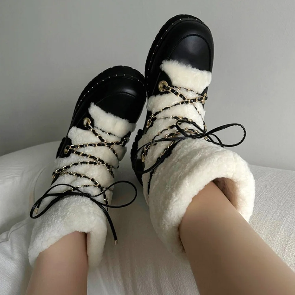 

NIGO Women's Fall And Winter Chain Straps Lamb Wool Snow Boots Versatile Warm Plush Shoes Short Boots #NGSH1232