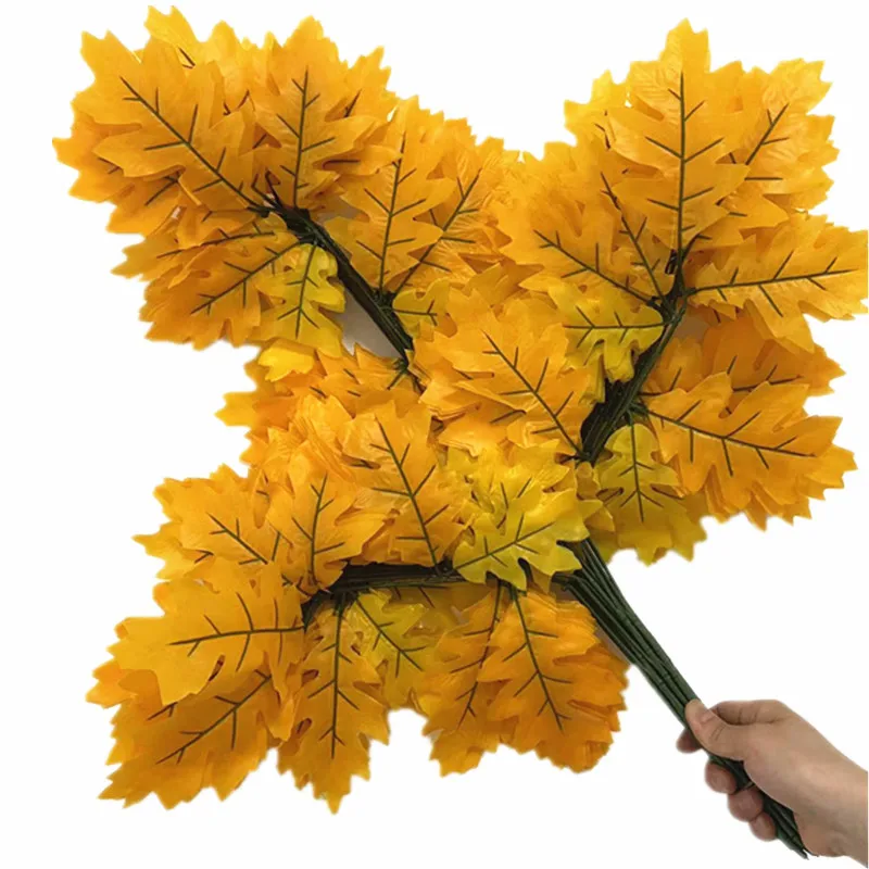 12pcs Artificial Glue Coated Oak Tree Leaf Branch for Greenery Wall Faux Three Forks Eiche Tree Stems