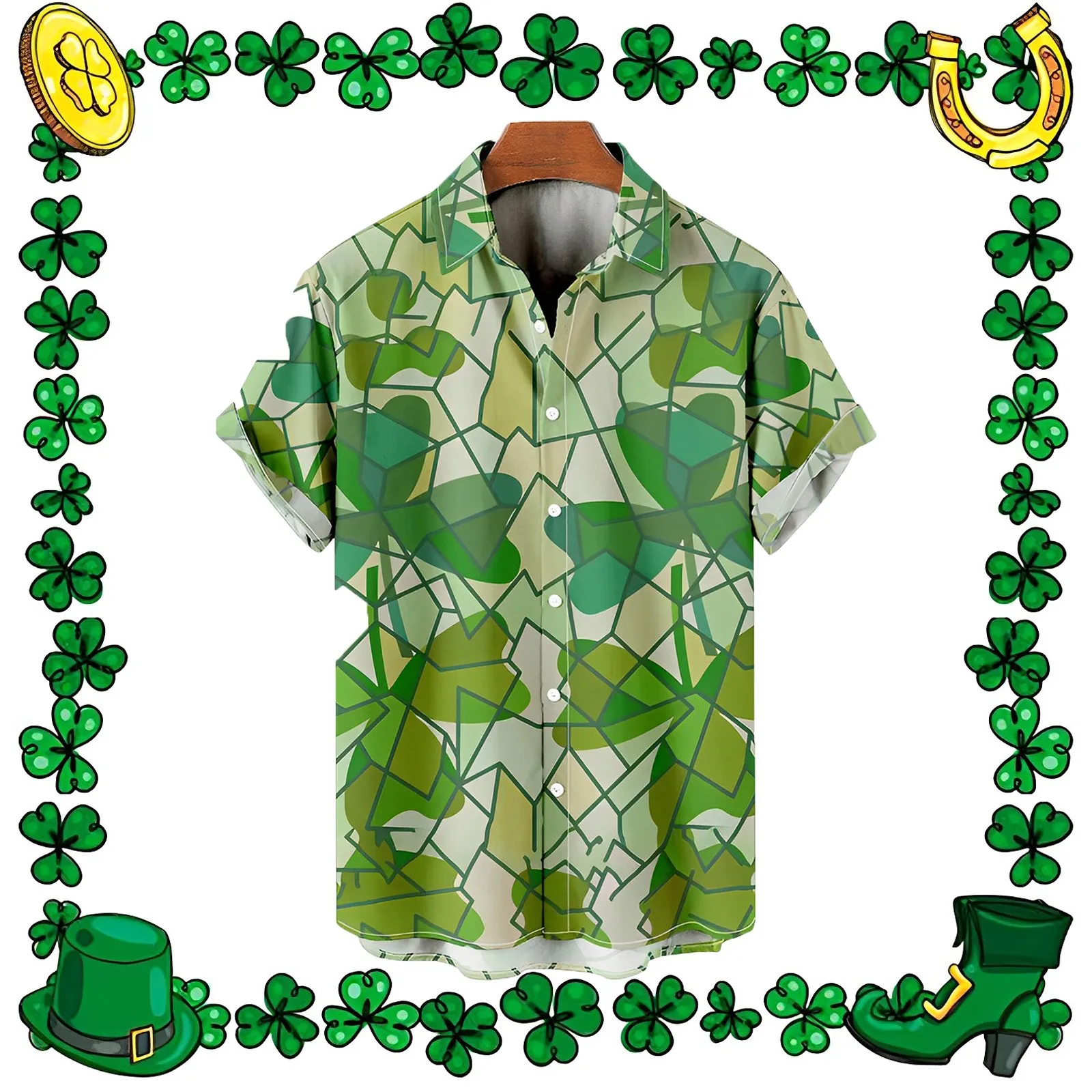 

Men's shirt St-Patrick-Day shirts Short-Sleeve Clover Blouses Irish-National-Day Hombre lapel-neck vacation Tops Green camisas