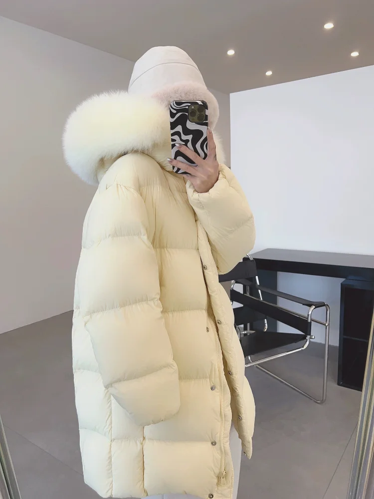 New 2024 Winter Women Long Puffer Jacket Fox Big Fur Collar Thick Warm Hooded Parka White Duck Down Loose Casual Long Down Coats