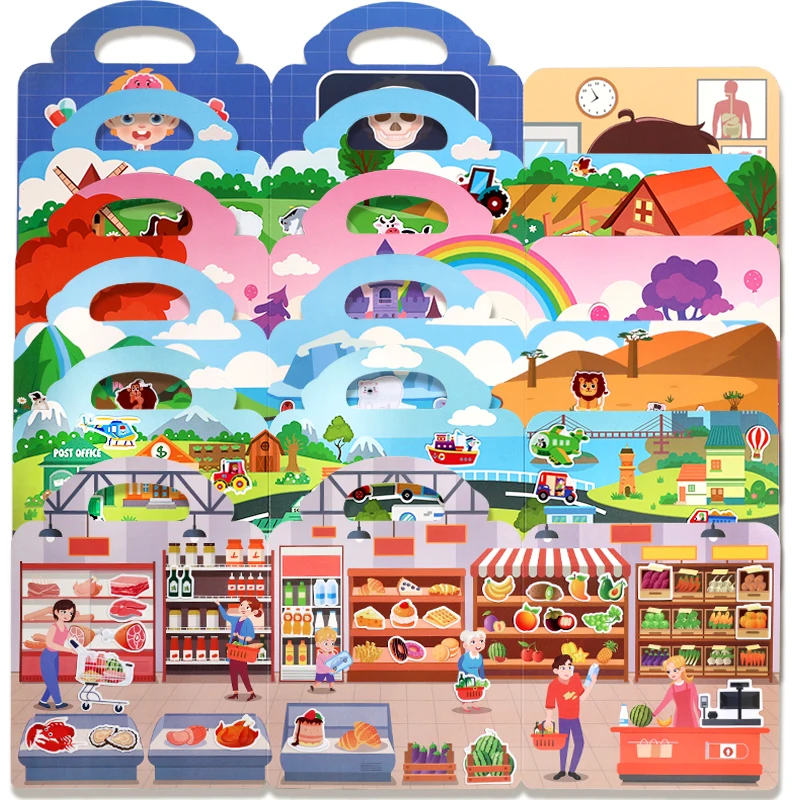 الأطفال المحمولة هادئة مشغول لصق كتاب DIY بها بنفسك قابلة لإعادة الاستخدام ملصق الكتب متعددة المشهد فقاعة ملصق هلام لصق ملصق اللعب #3