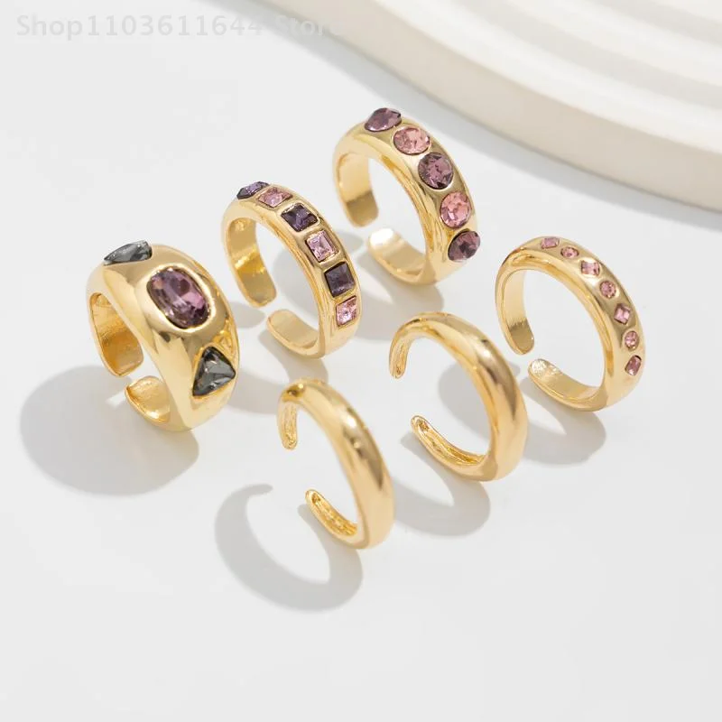 6 قطعة مطعمة الأرجواني الزركون قابل للتعديل افتتاح حلقة مجموعة النساء السلس الذهب اللون خاتم للإناث اليومية مجوهرات اكسسوارات هدية #5