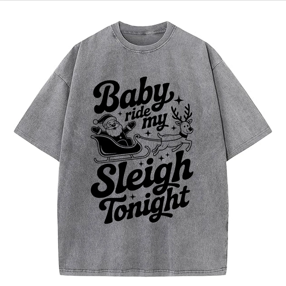 تي شيرت Ride My Sleigh 230 جرام من القطن الثقيل المغسول كبير الحجم للرجال برسومات مضحكة تي شيرت ريترو كاجوال