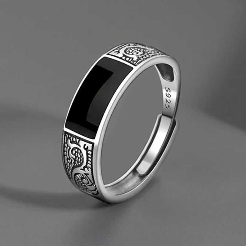 Trendy Silver Sterling Silver Ring for Men Jewelry Black Rectangle Retro Dragon Pattern Ring Male Infex Finger Accessories Open