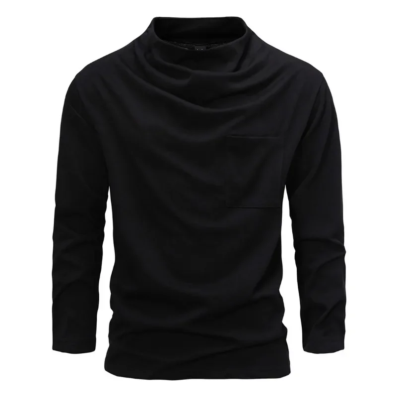 Spring and Autumn Clothes New Men Pile Pile Collar Fashion Long Sleeve T-shirt Heavy Fashion Ins Breathable Cotton T-shirt