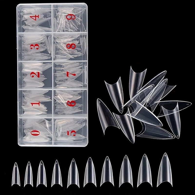 Naaldhak nageltip 500 stuks kort scherp uiteinde nep acryl nageltip halve dekking 10 maten met doos geschikt voor nagelsalon thuis doe-het-zelf (transparant natuurlijk)