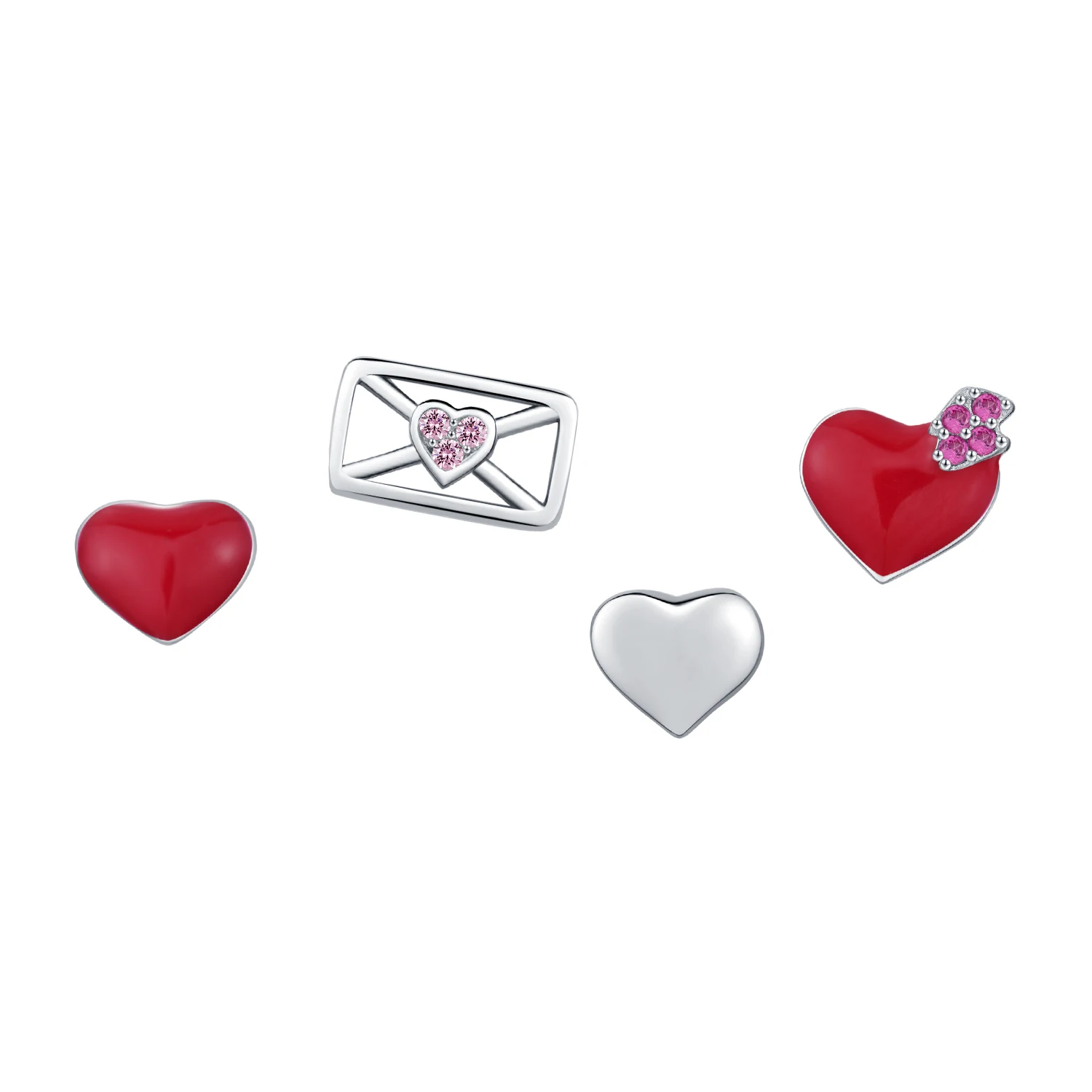 MODIAN 4 SZTUK 925 Sterling Silver Sweet Red & Mirror Heart Love Letter Tiny Earrings Zestaw dla kobiet Drobna biżuteria Prezenty rocznicowe — zdjęcie 2