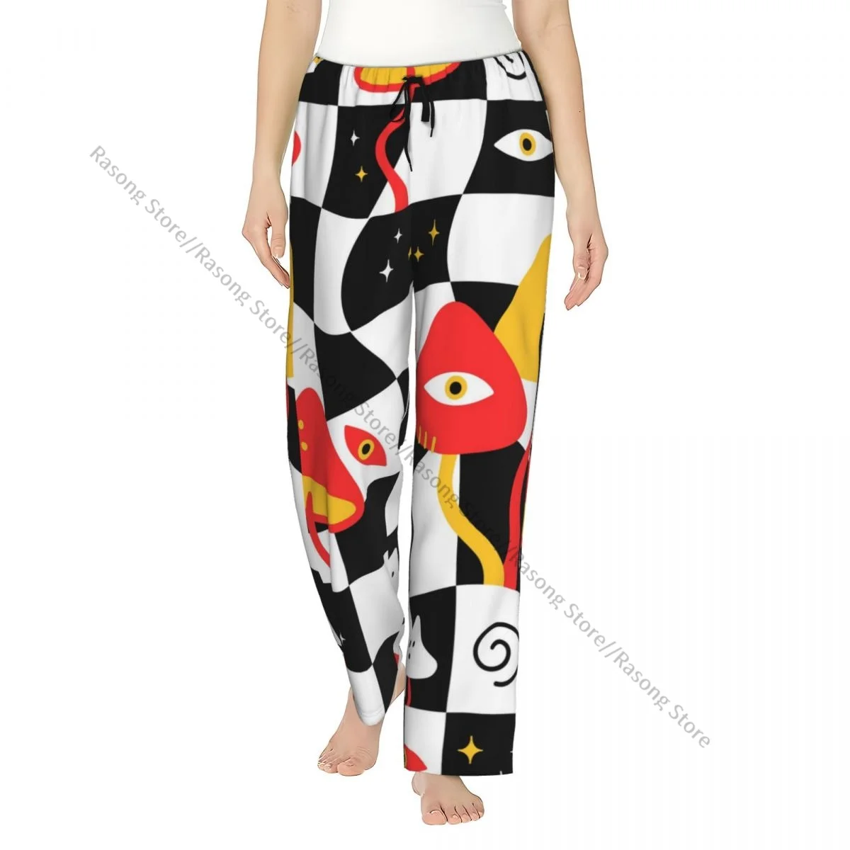 

Trippy Mushrooms With Eyes On Melt Geometry Flannel Pajama Pants for Women Soft Warm Sleep Pants with Elastic Waistband
