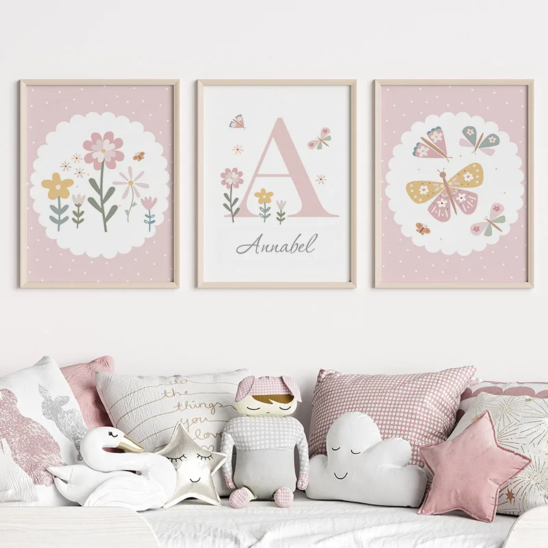 

Pink Butterfly Flowers Custom Name Nursery Wall Art Canvas Painting Nordic Posters And Prints Wall Pictures Baby Kids Room Decor