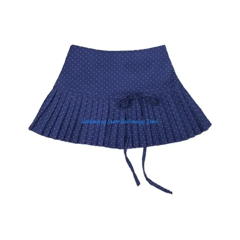 573B สตรีสูงเอวโรงเรียน Flared Casual Mini Skater กระโปรง Dot พิมพ์หวาน Bows สายจีบกระโปรงสั้น Undershort