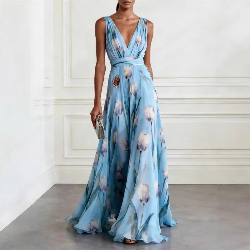 

Summer New Printed Slim Evening Gown Maxi Dress Women High Waist V-neck Party Dress Elegant Sleeveless Backless Pleated Dress