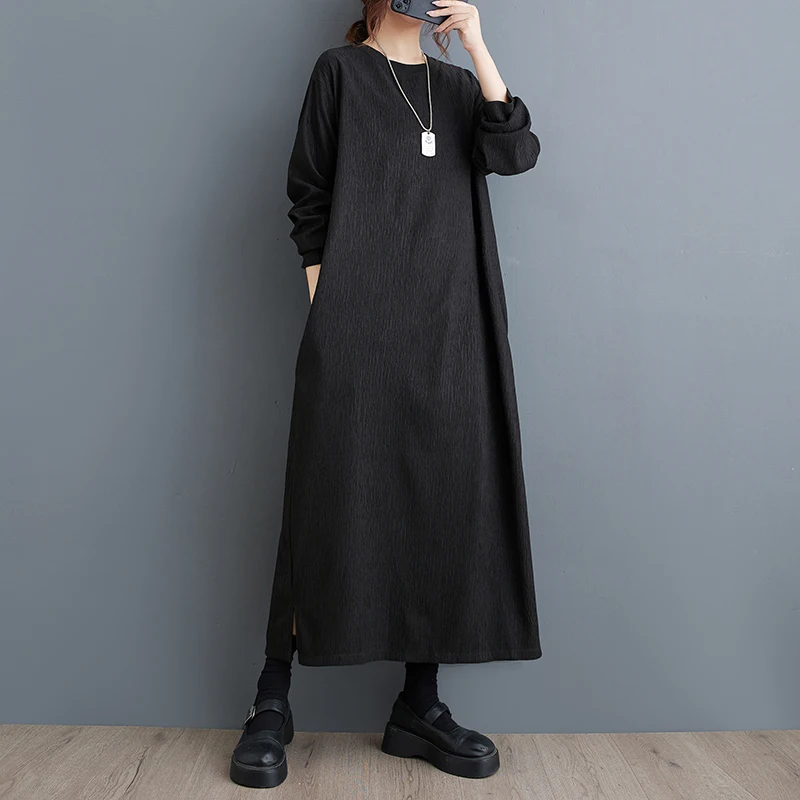 Casual Loose Long Sve Dr k Texture Lazy Sle Bla Color Basic Long Dr Polyester Cotton Blend H-ape Silhouette