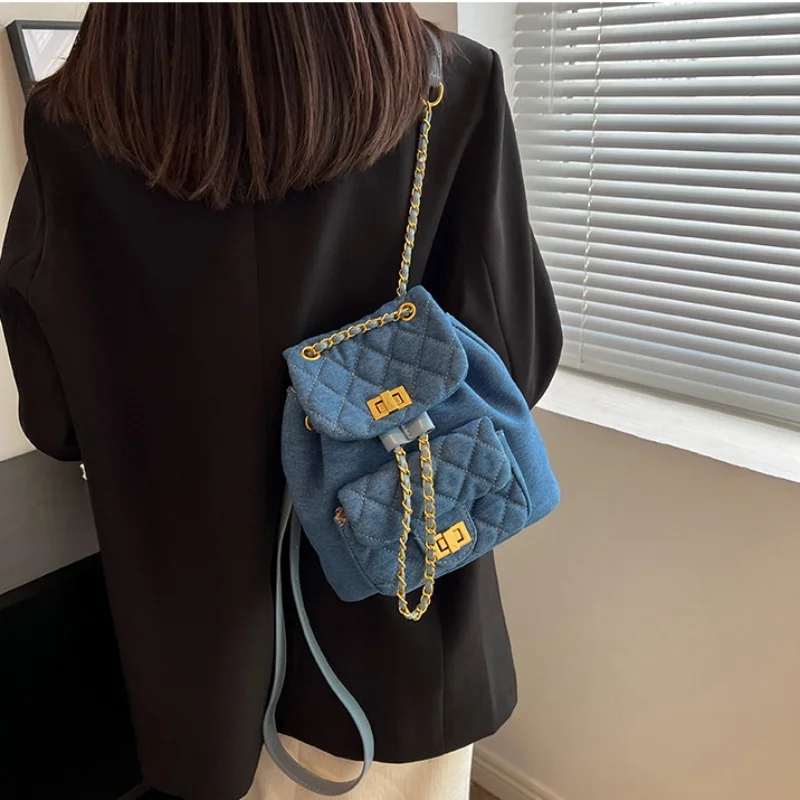 New Fashion Retro Denim Canvas Chain Backpack Women\'s Mini Diamond Solid Color Fashion Versatile Small Backpack for Girl