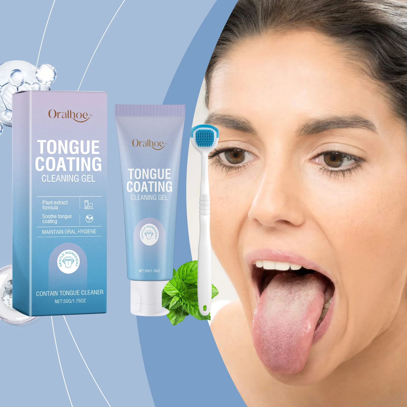 Oralhoe Zungenbelag-Reinigungsgel-Set mit Silikon-Zungenschaber Bürste Pflanzenextrakt Frischer Atem Mundhygiene-Pflege 50g
