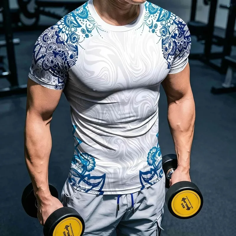 Men's Compression Sports Tshirt Slim Fit Marbled Ethnic Floral Design Crew Neck Short Raglan Sleeve for Running Training