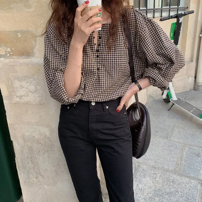 

Blouses Women Button Fly Plaid Printed O-neck Shirts Womens Vintage Casual Loose Tops Chic Trendy Gentle Designer Retro Clothing