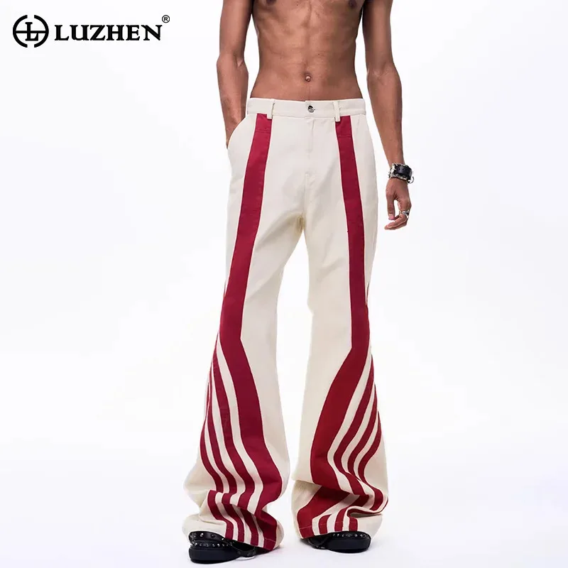 

LUZHEN 2026 New Color Contrast Stripe Printed Loose Wide Leg Casual Pants Men's Fashion Handsome Original Round Neck Coat JY6287