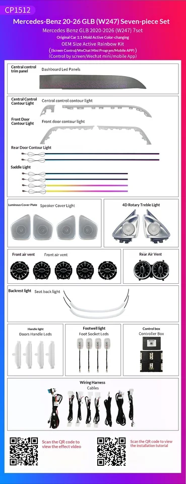 Active Rainbow Ambient Light Kit 7set Premium Full Upgrade For GLB W247 2020+LED 64 Colors Dynamic 4D Rotary Treble
