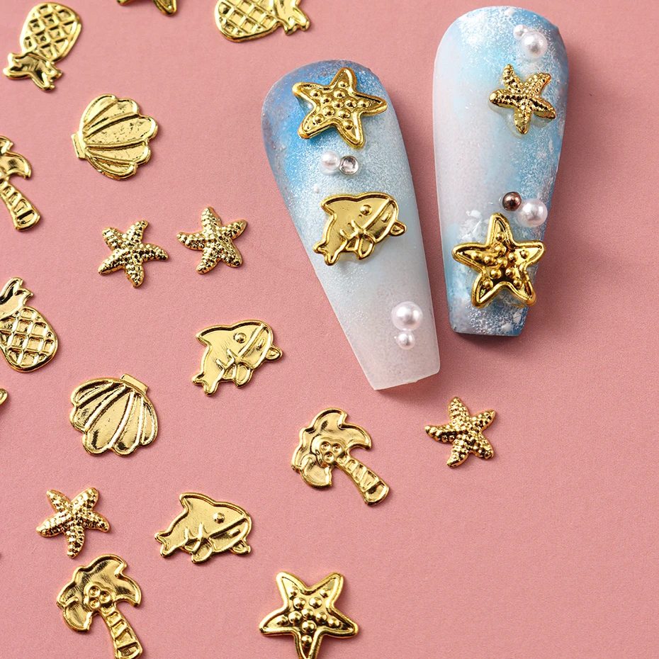 6Grids Luxury Nail Charms Ocean Shell Starfish Hawaii Design Gold Metal Jewelry Coconut Dolphin Figures Manicure Art Accessories
